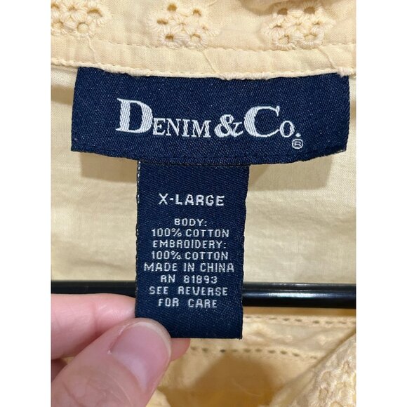Denim & Co Eyelet Patchwork Button Front Shirt Yellow Sz XL Long Sleeve Boho - Picture 5 of 9
